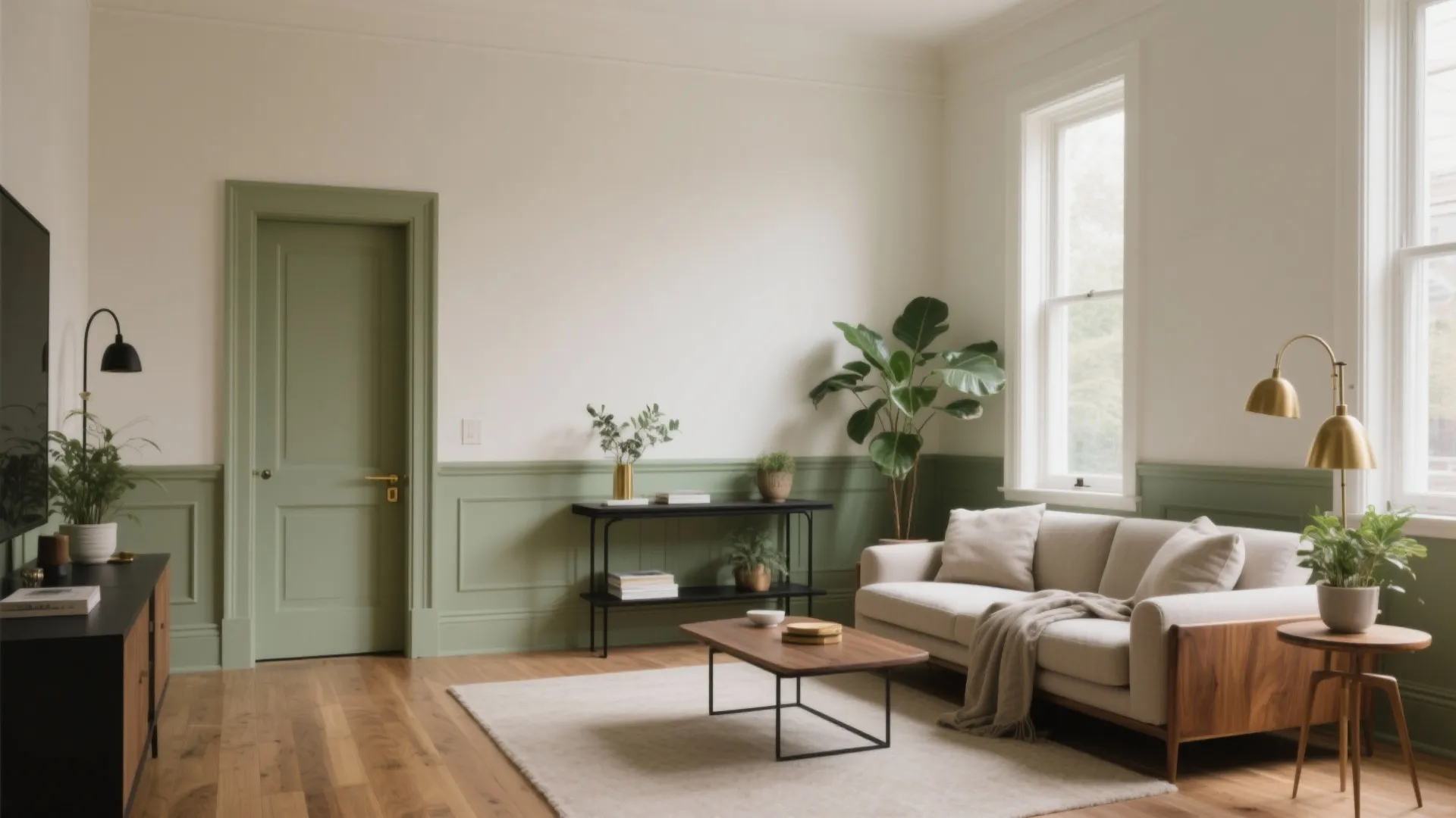 1) Warm Neutrals + Muted Green Accent