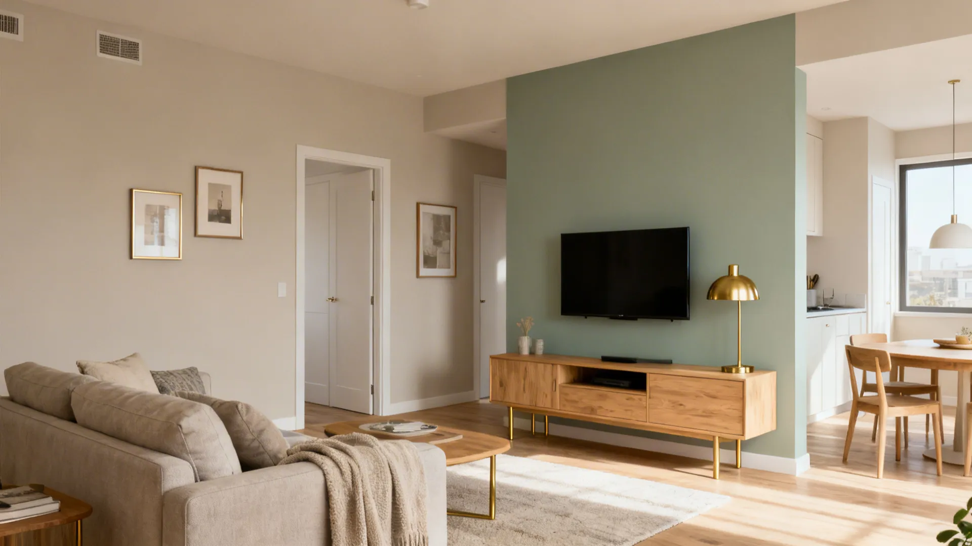 Greige living room with a muted sage TV wall and brass lamp accents in soft daylight.