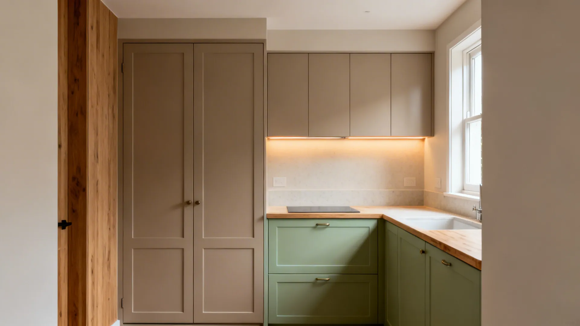 Modern kitchen with sage green cabinets wood countertop grey tall storage and bright natural light
