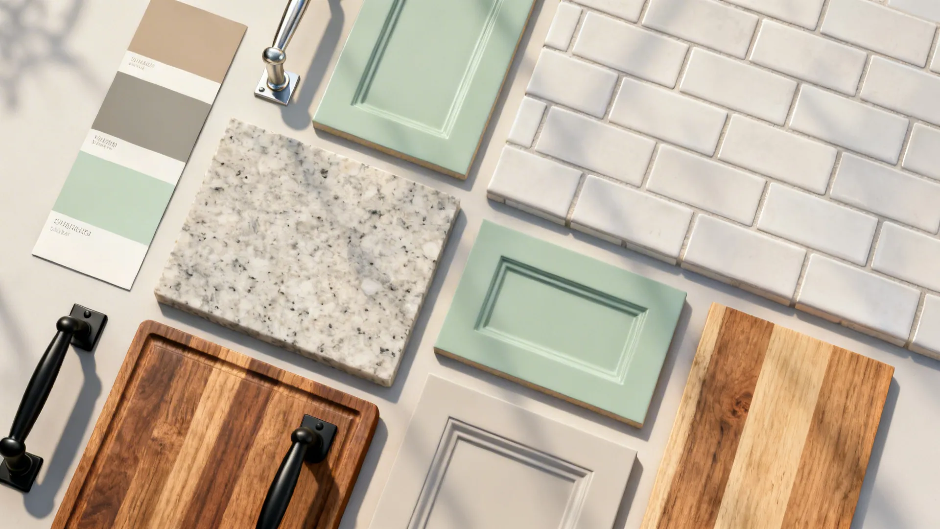 Kitchen design flatlay featuring sage green cabinet samples white tiles marble slab and wood material