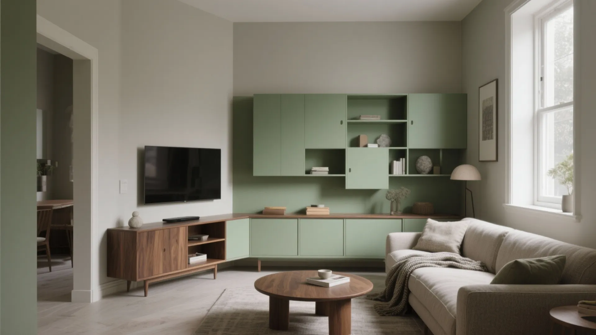 Modern living room with green cabinets, wooden TV stand, beige sofa, and round coffee table