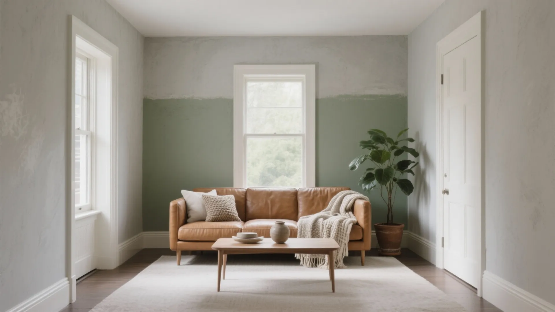 Modern living room featuring brown leather sofa wooden coffee table green accent wall and window
