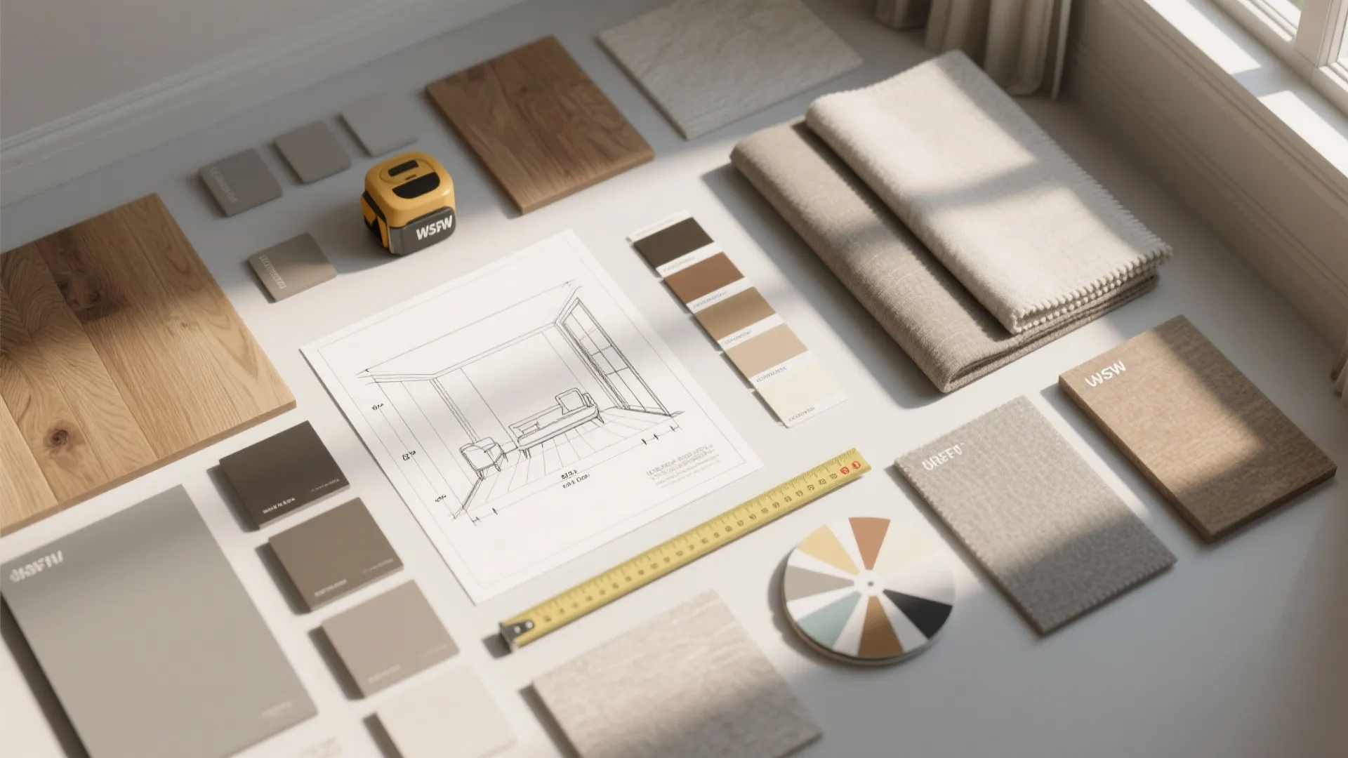 Interior design drawing with color paint samples fabric swatches wood flooring boards and yellow measuring tape