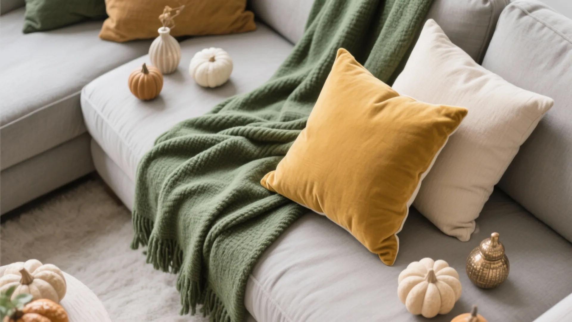 Flatlay of seasonal decor accessories in greige palette