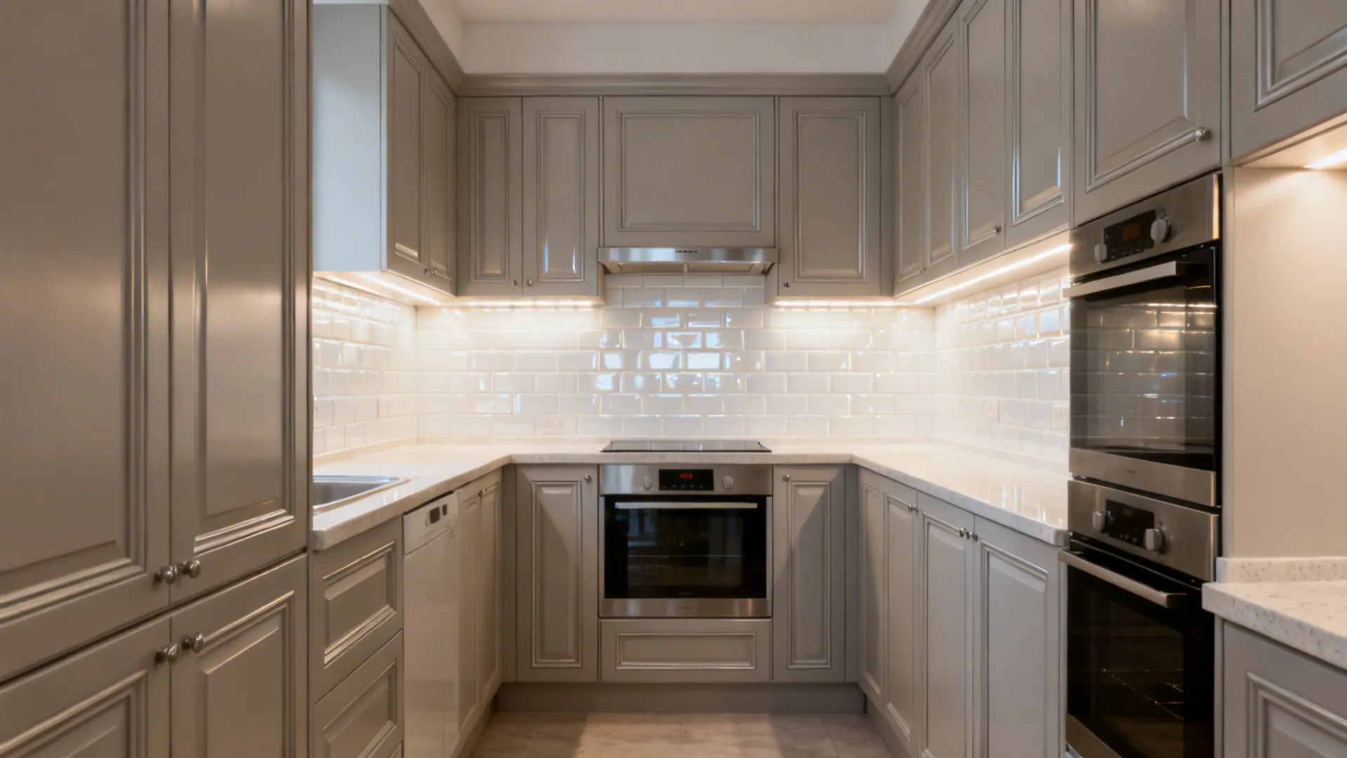 Modern grey kitchen with shaker cabinets white tile backsplash under cabinet lights and built ovens