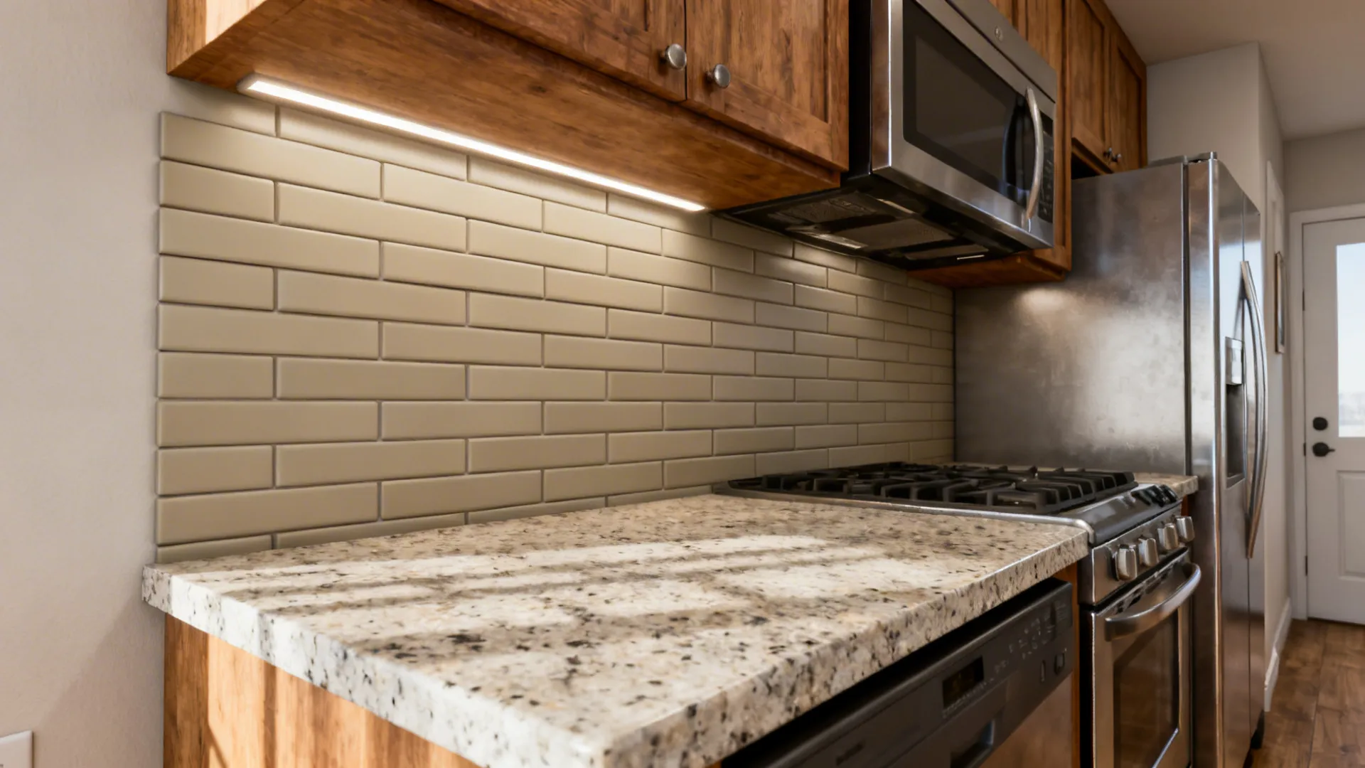 Matte greige elongated subway tile backsplash pairing warm wood and stainless in a small kitchen.