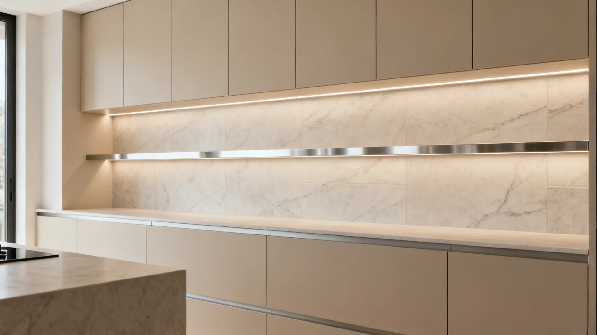 Greige thermofoil cabinets + stone-look porcelain tiles