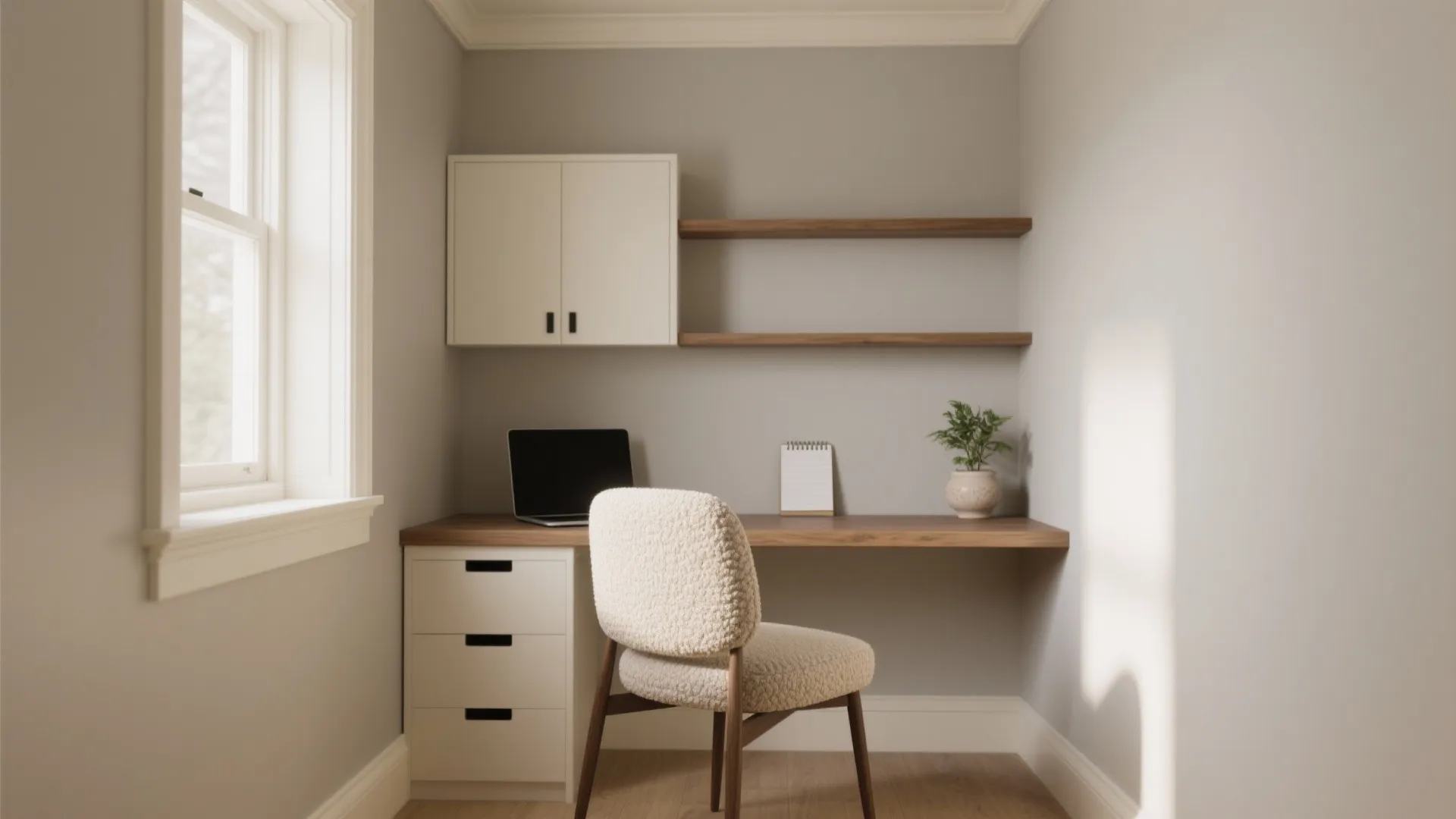 Small home office with light grey walls wooden desk white chair and floating wall shelves storage