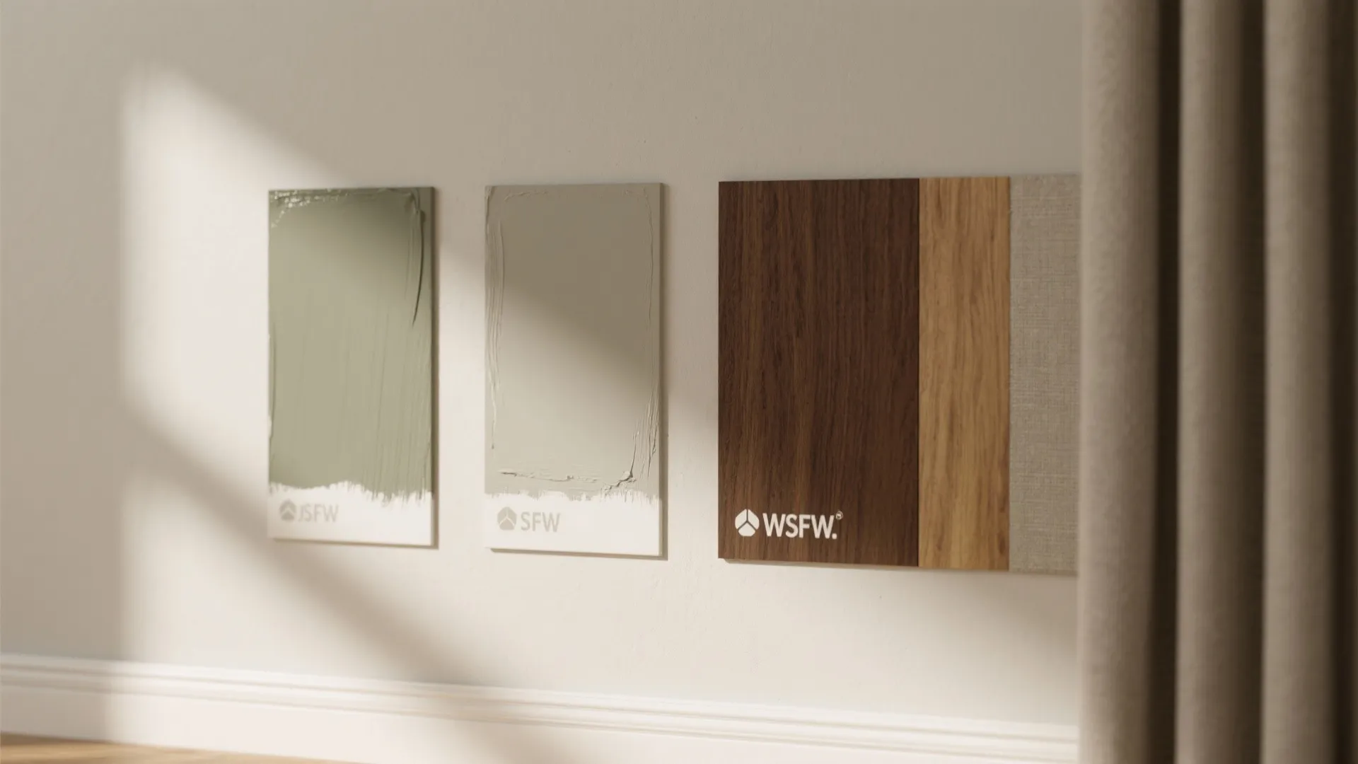 Wall color swatches in green and grey tones displayed next to dark wood material samples