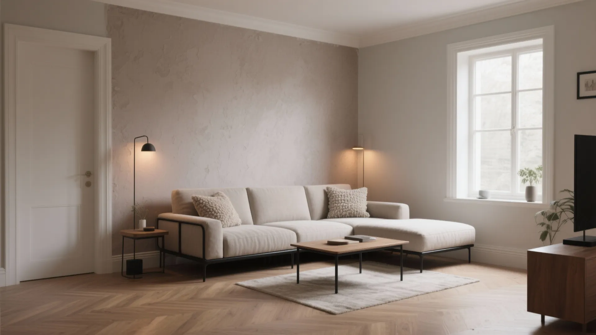 Minimalist living room with beige sofa wood floor textured greige wall and floor light fixture