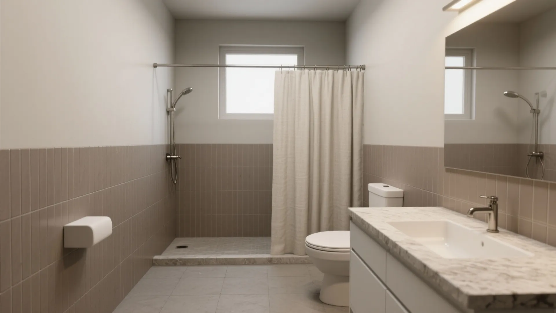 Simple beige bathroom interior with walk in shower white sink marble counter and small roof window