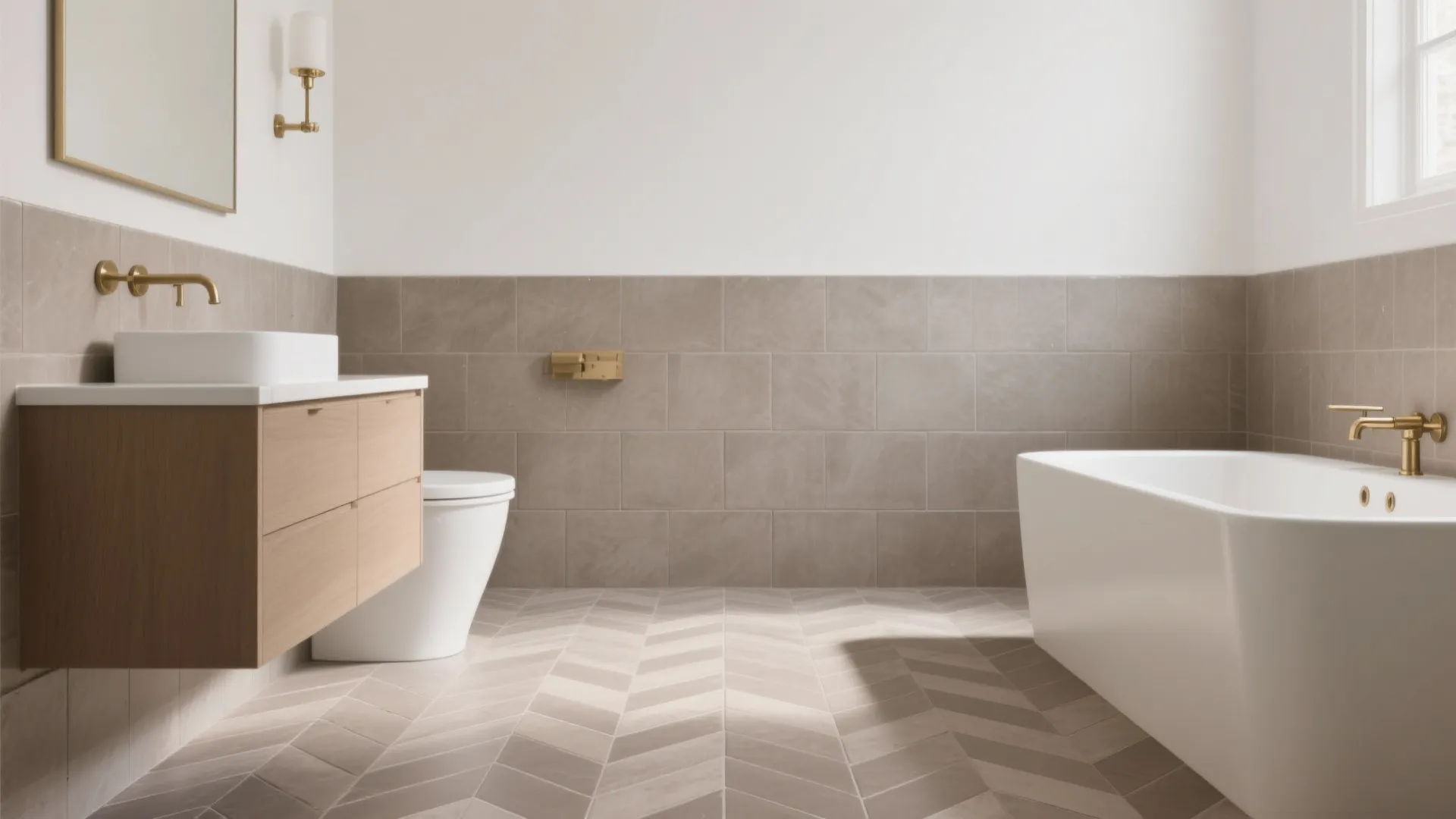 Minimalist bathroom with taupe wall tiles, wood cabinet, white bathtub, gold faucets, and chevron flooring