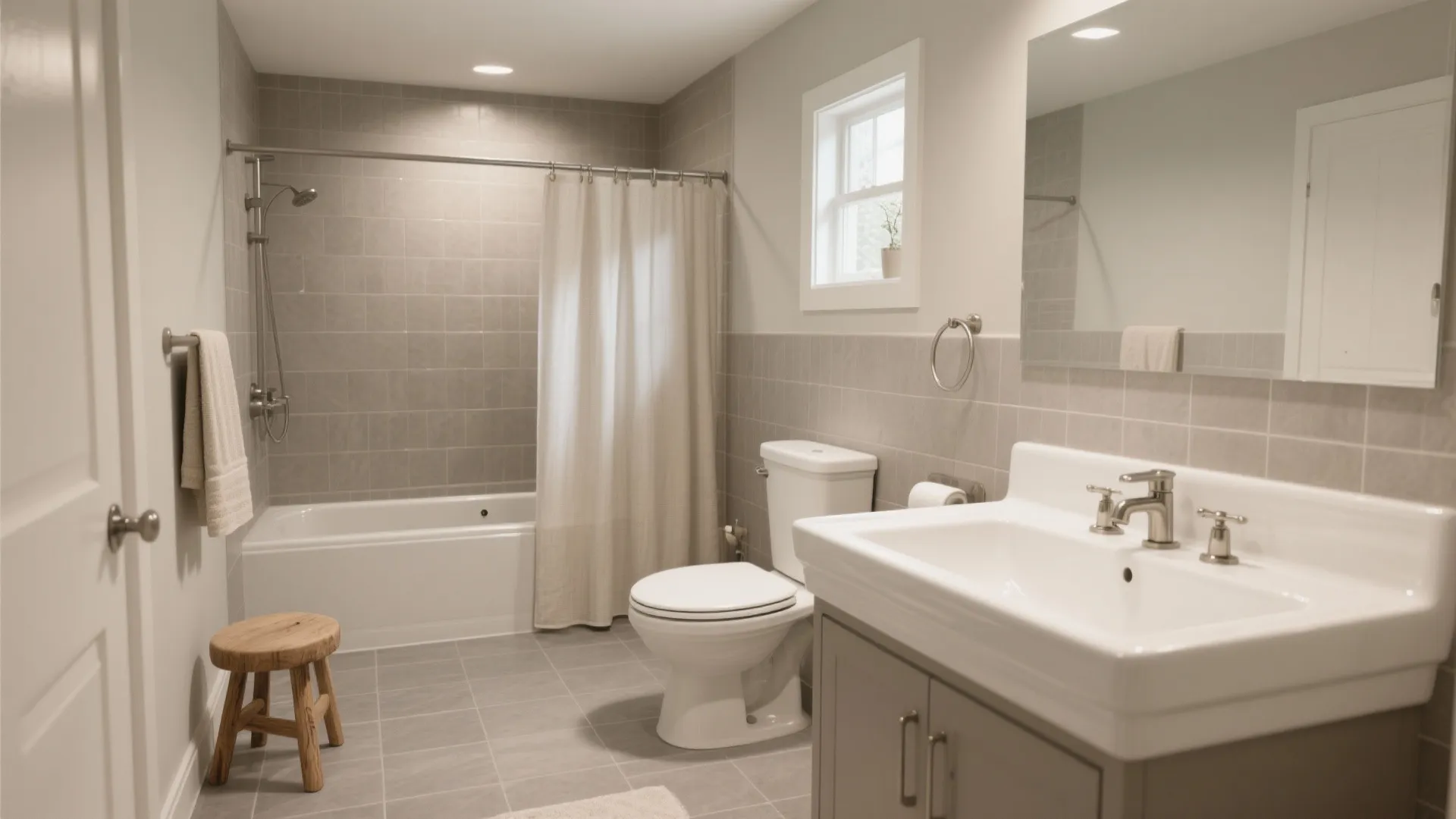 Modern grey bathroom with white toilet sink cabinet bathtub curtain wooden stool and a mirror