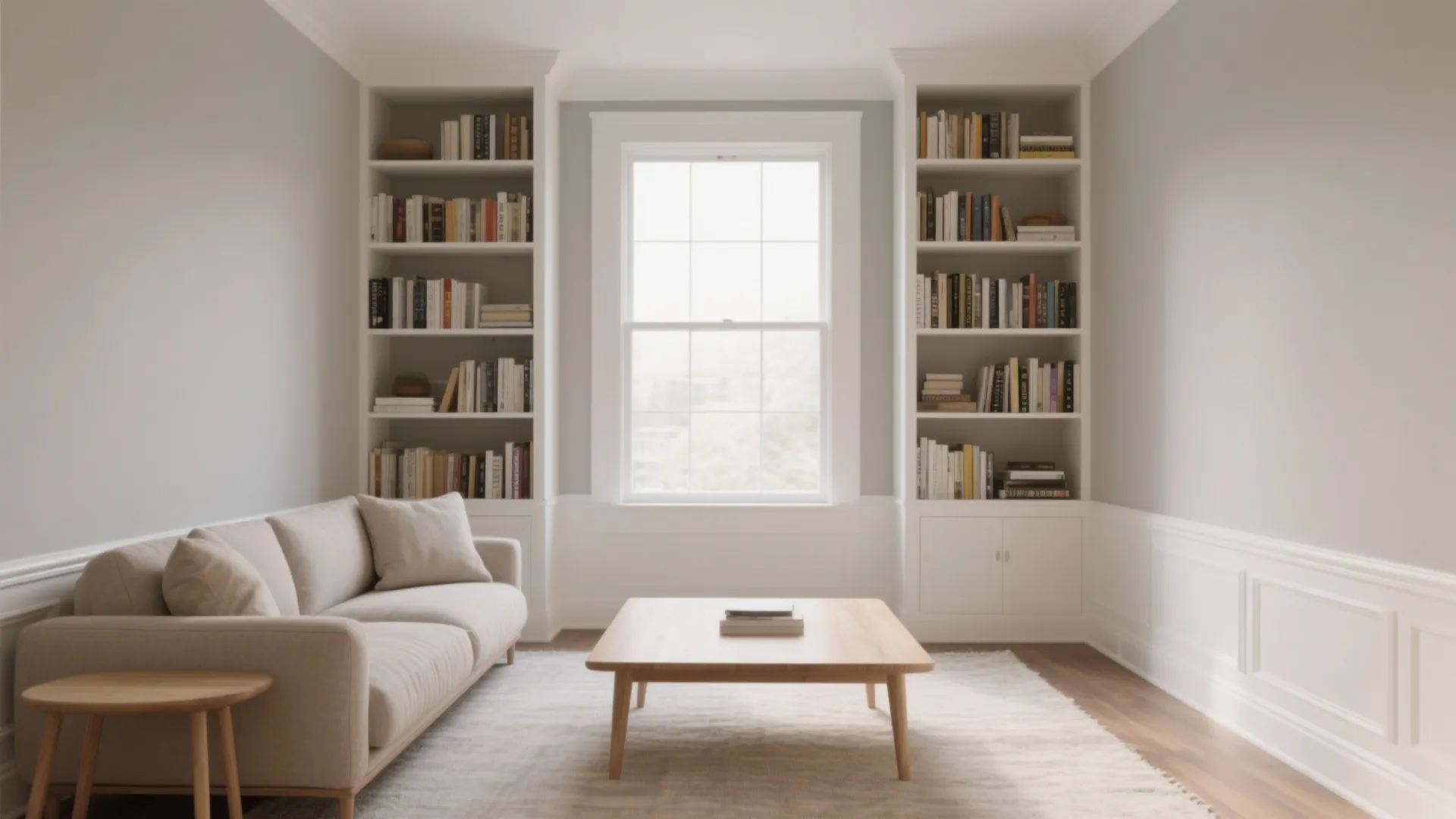 Neutral living room featuring white bookshelves surrounding a window with beige sofa and wooden table