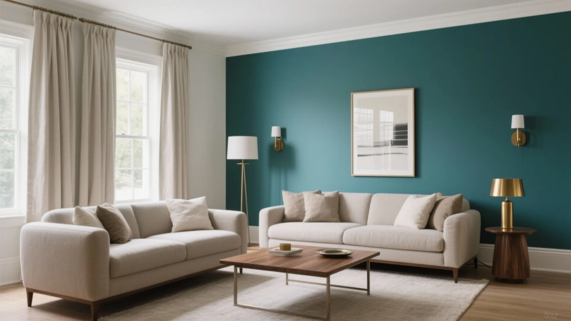 1) Greige Base + Deep Teal Accent + Brushed Brass