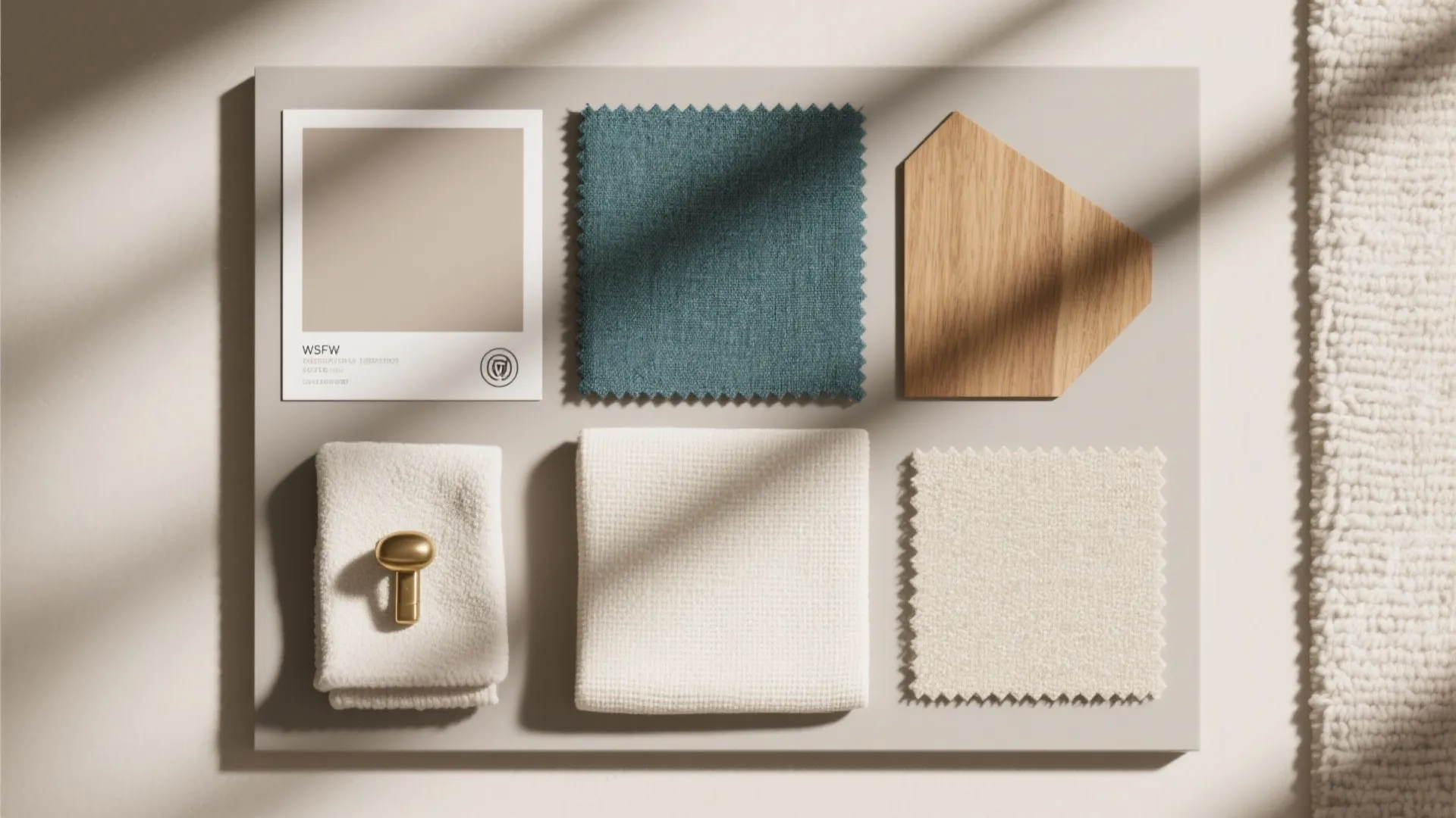 Interior design mood board with beige paint card teal fabric wood sample and white textiles