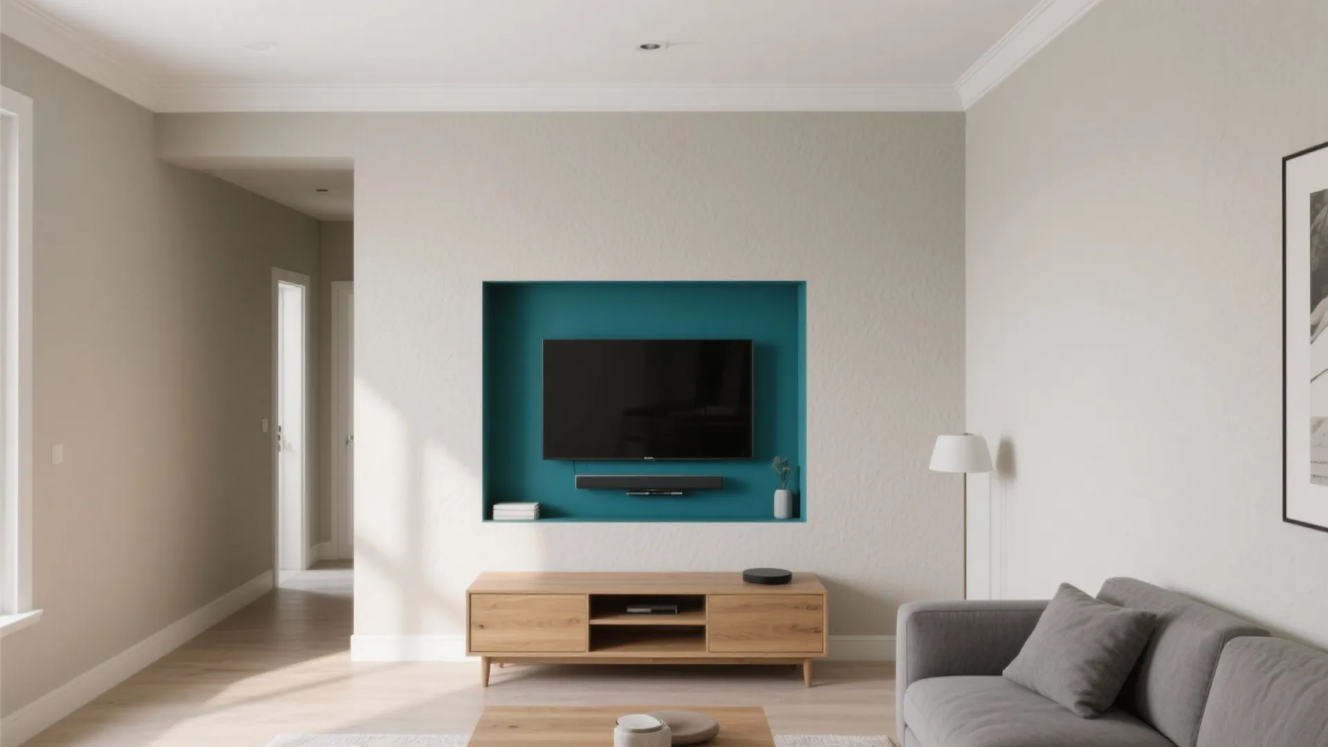 Compact living hall with soft greige walls and a deep teal TV niche, light wood and gray sofa.
