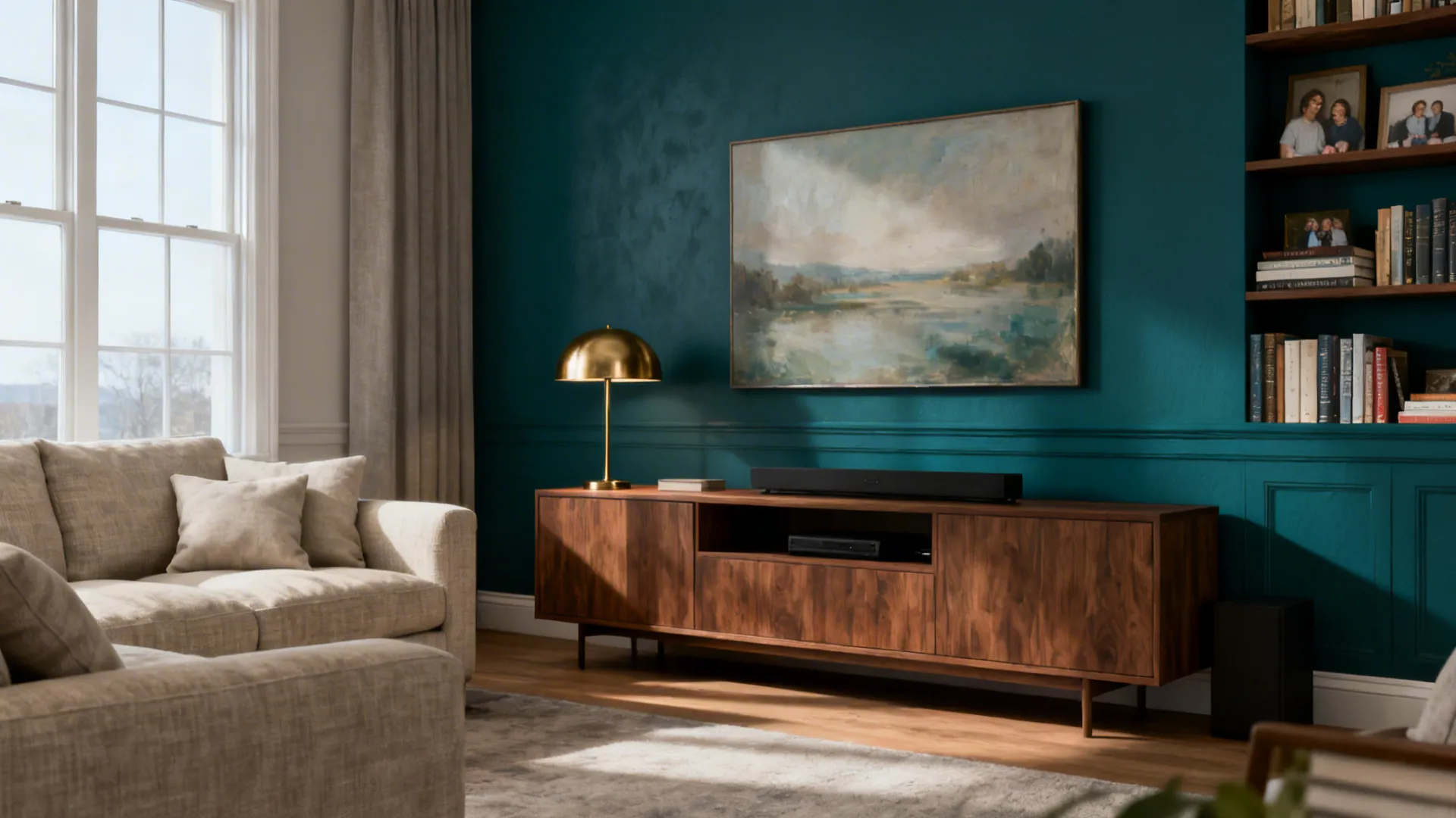 Teal living room wall with wooden cabinet gold table lamp landscape painting and grey couch