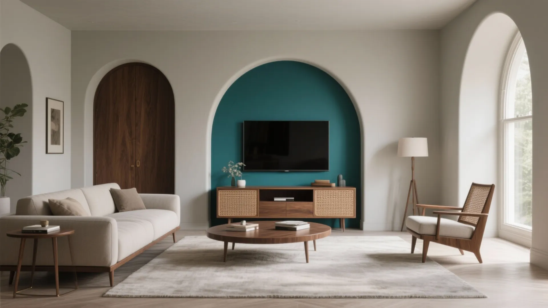 Living room with greige walls and deep teal TV feature wall in an archway, mid-century sofa, walnut and rattan accents, soft daylight.