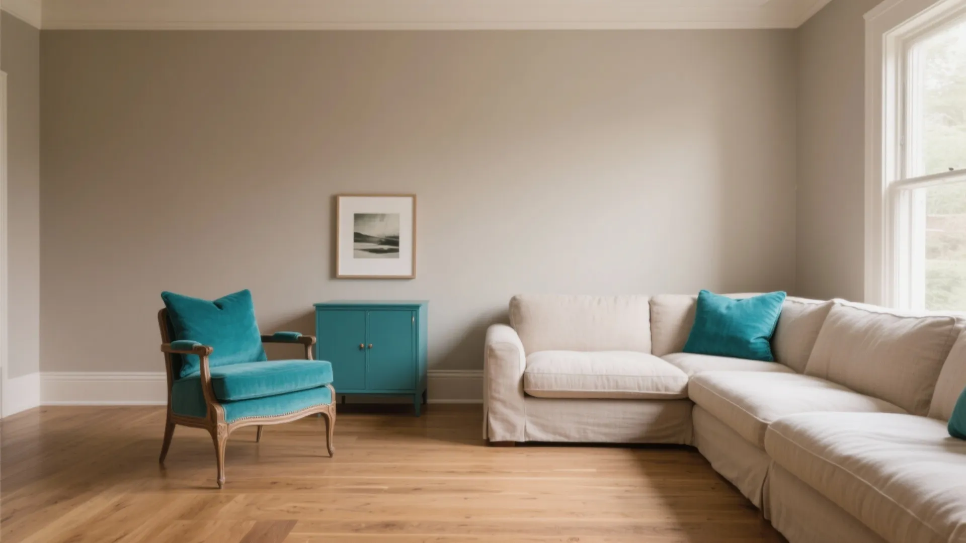 1) Soft greige walls with a teal pop