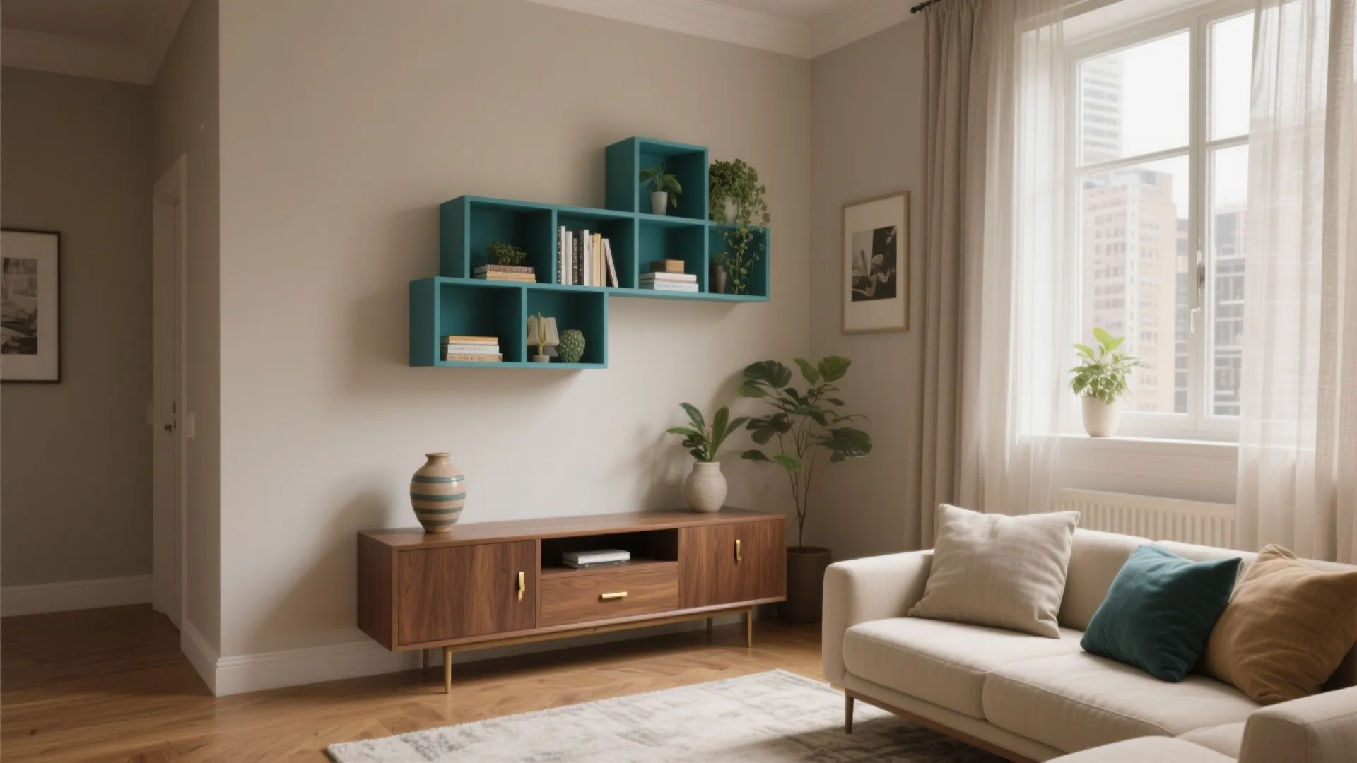 Modern living room featuring a wooden cabinet teal wall shelves cream sofa and natural window light