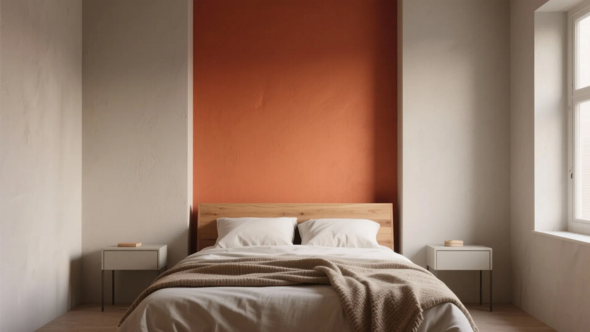 Tiny bedroom with warm greige walls and a bold terracotta accent behind the bed, soft linens, and oak details.