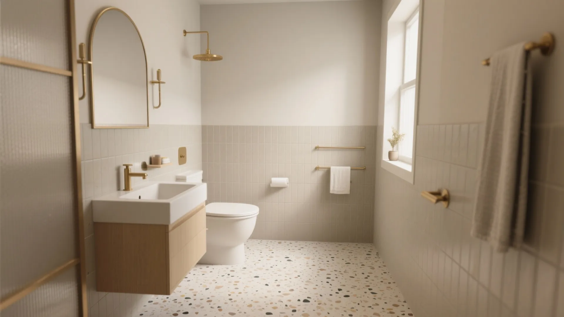 Modern bathroom with a wooden cabinet white sink gold light fixture and colorful terrazzo floor tiles