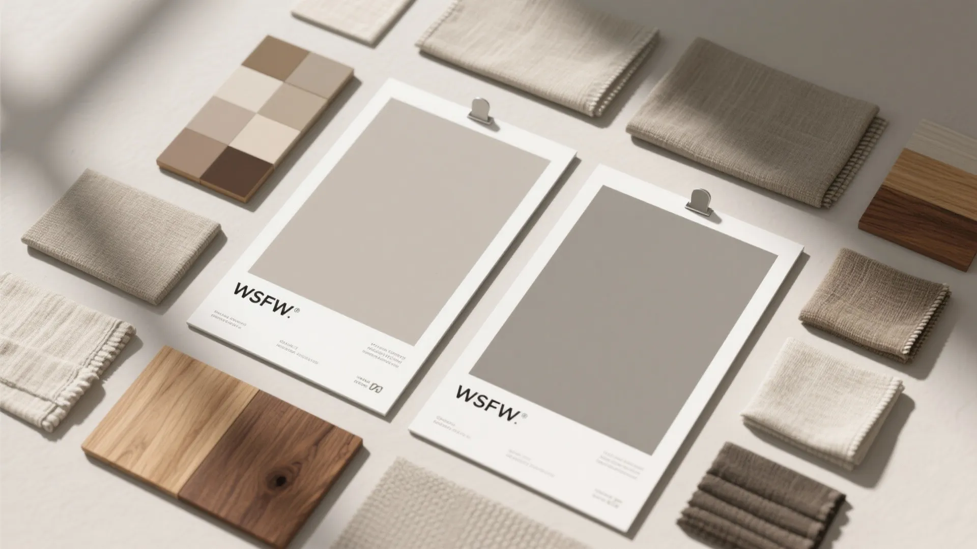 Interior design mood board with fabric swatches paint color cards and natural wood material samples