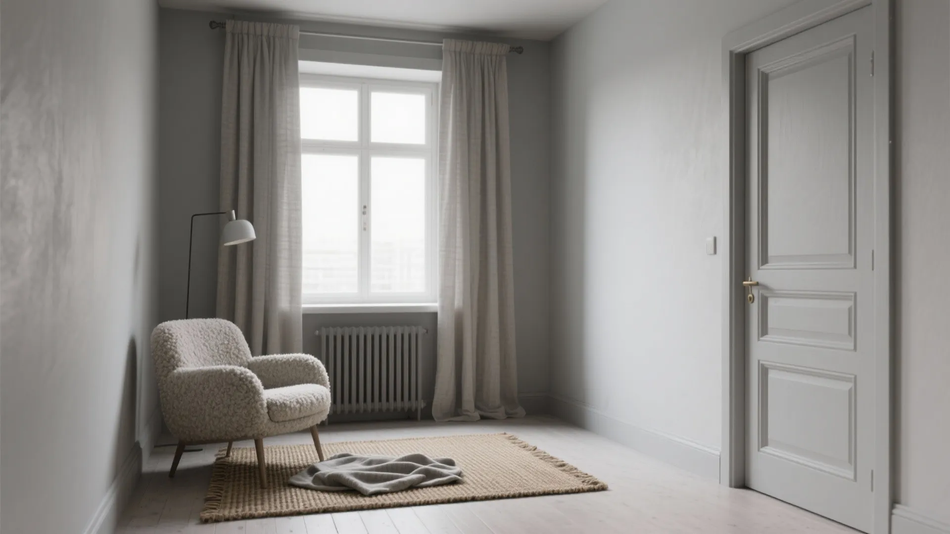 Simple room with grey walls white door soft armchair beige curtain rug and floor light fixture