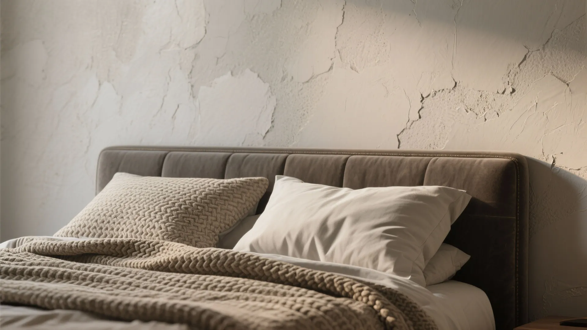 Close up of a brown headboard with white pillows and textured beige wall in bedroom
