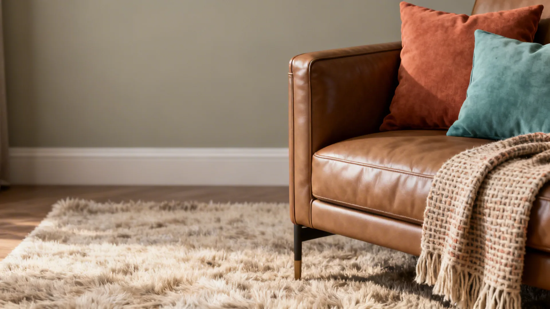 Close-up of greige wall, wool rug and brown leather with terracotta pillow