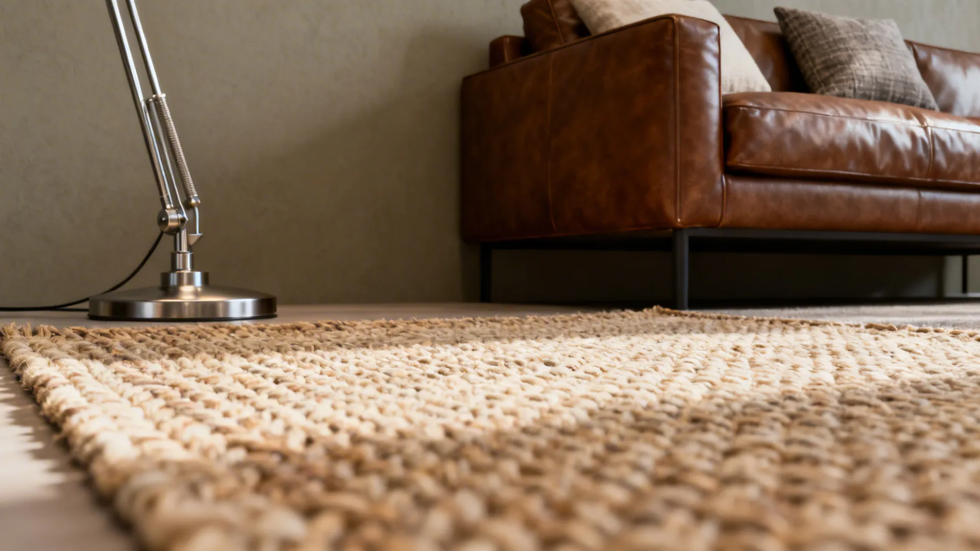 Close-up of woven rug, metallic lamp, and cushion by a greige wall and brown couch