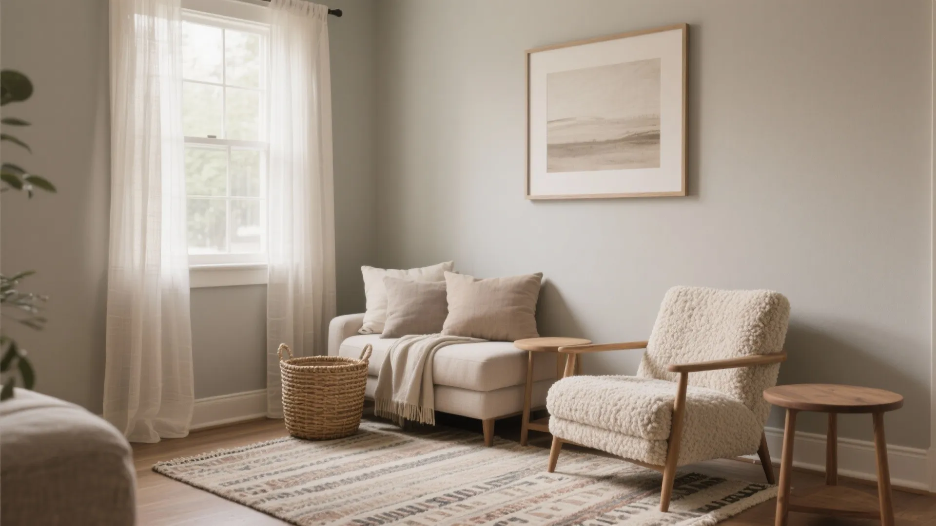 Cozy room with white sofa, fuzzy armchair, wooden side tables, woven basket, rug, and window