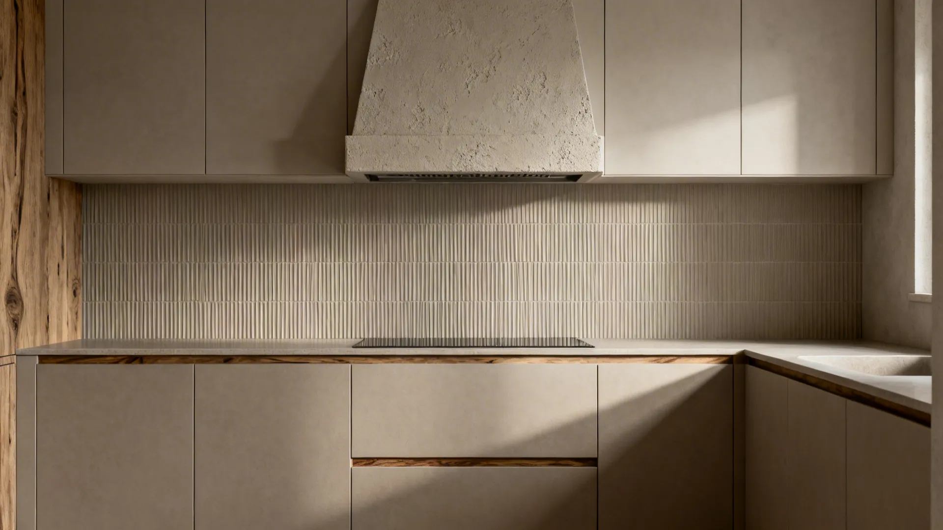 Monochrome greige kitchen with ribbed tile, layered tones, and rift-cut oak accents.