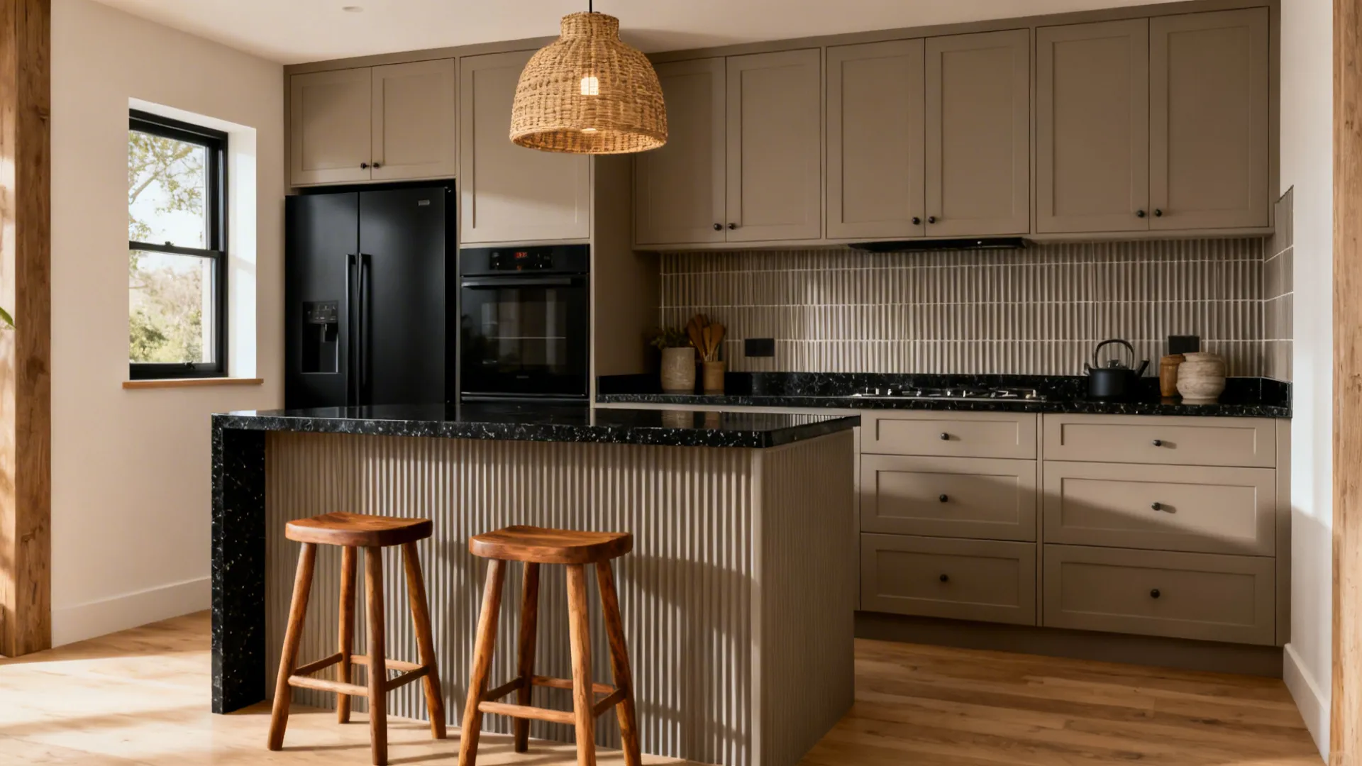 Greige kitchen with black granite and a fluted matte tile backsplash in warm daylight.