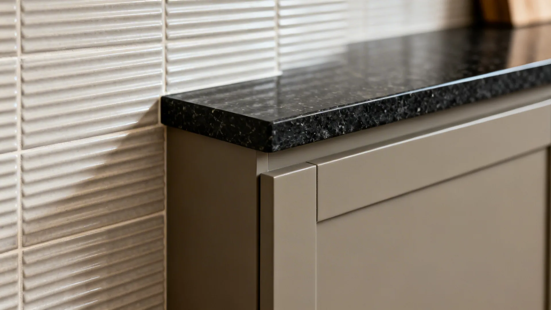 Macro of ribbed tile backsplash meeting leathered black granite and greige cabinet.