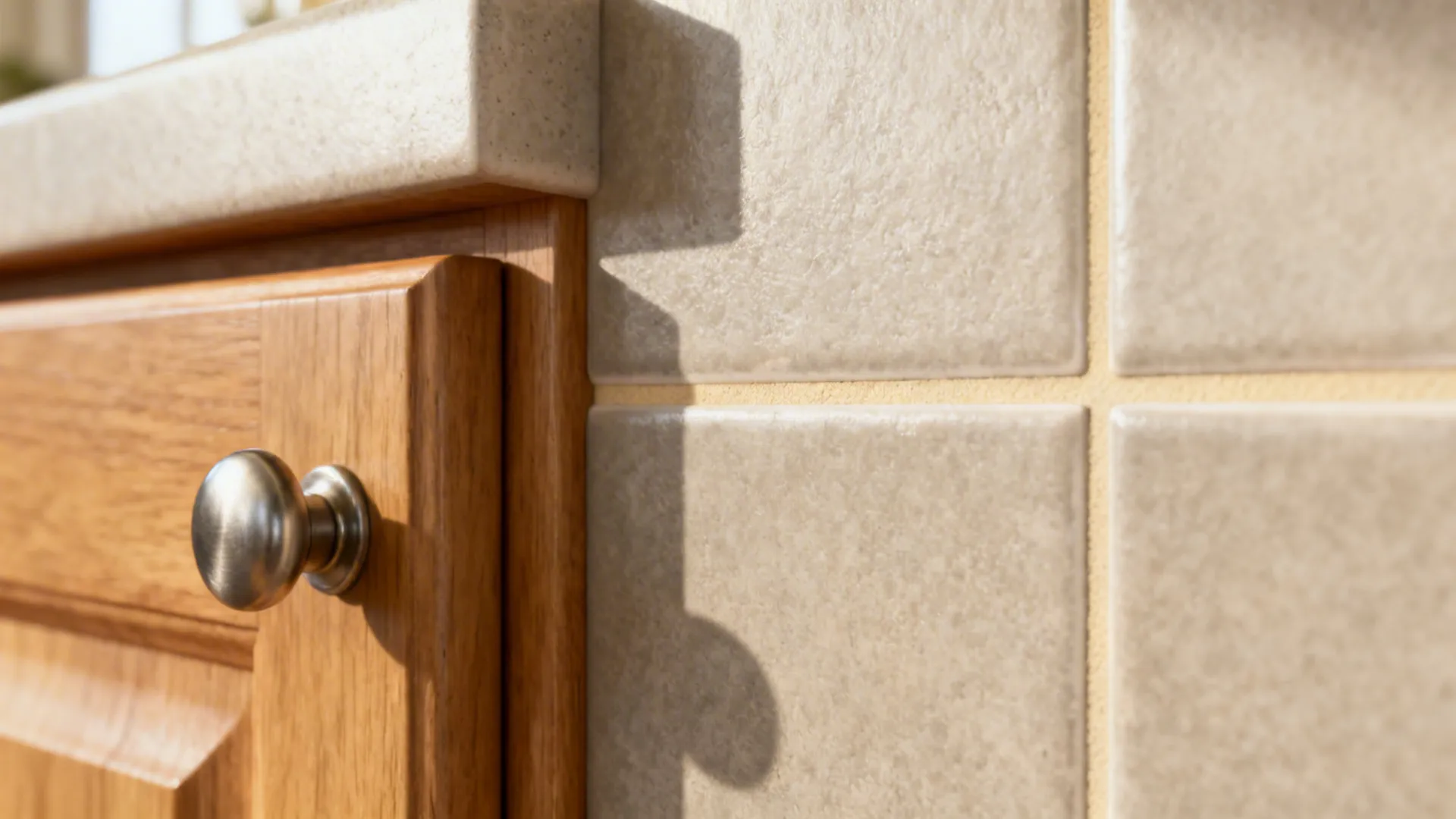 Macro detail of warm greige porcelain tile beside maple cabinet and nickel pull.