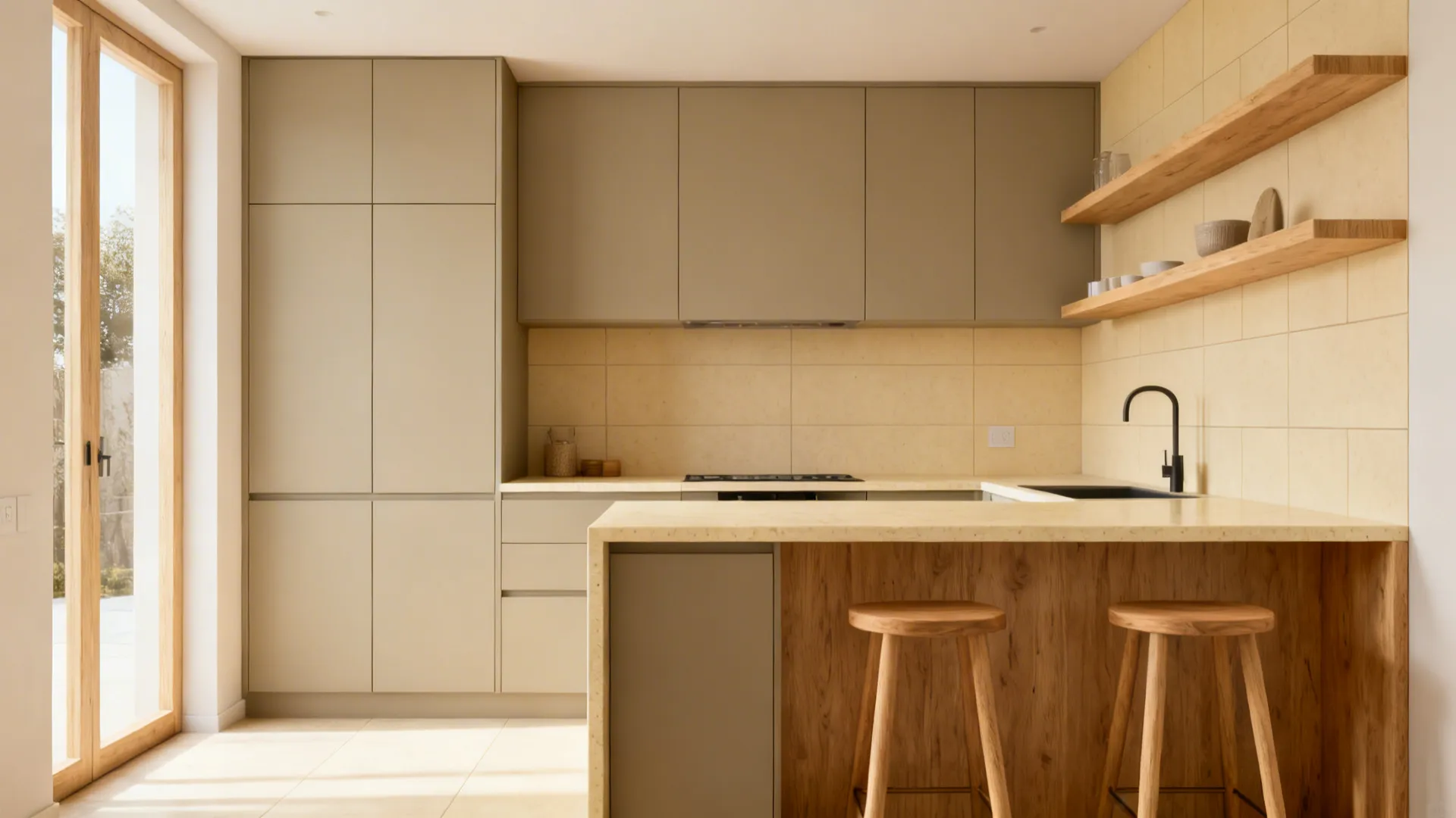 Minimalist beige kitchen with wooden breakfast bar two wood stools black faucet and open shelves