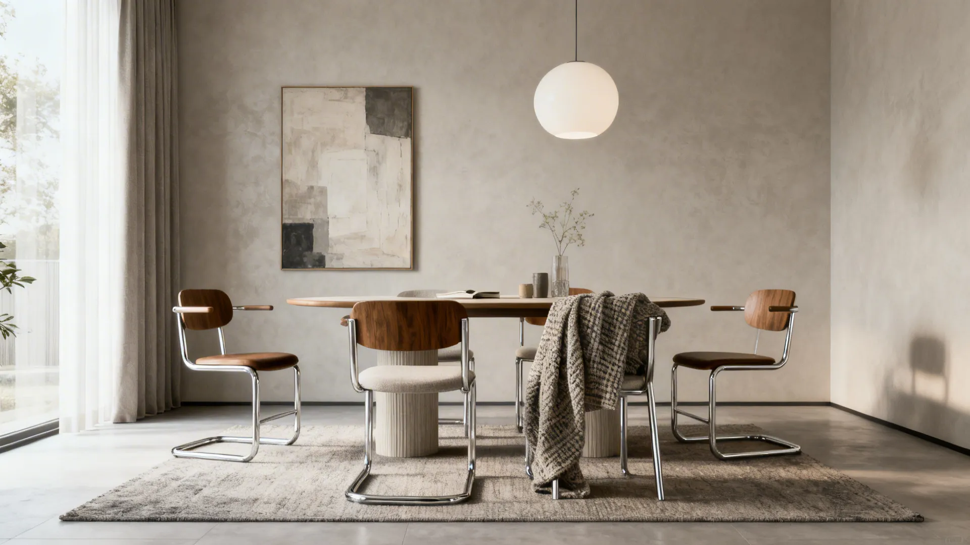 Modern dining room with wooden table metal chairs round ceiling light painting and grey walls
