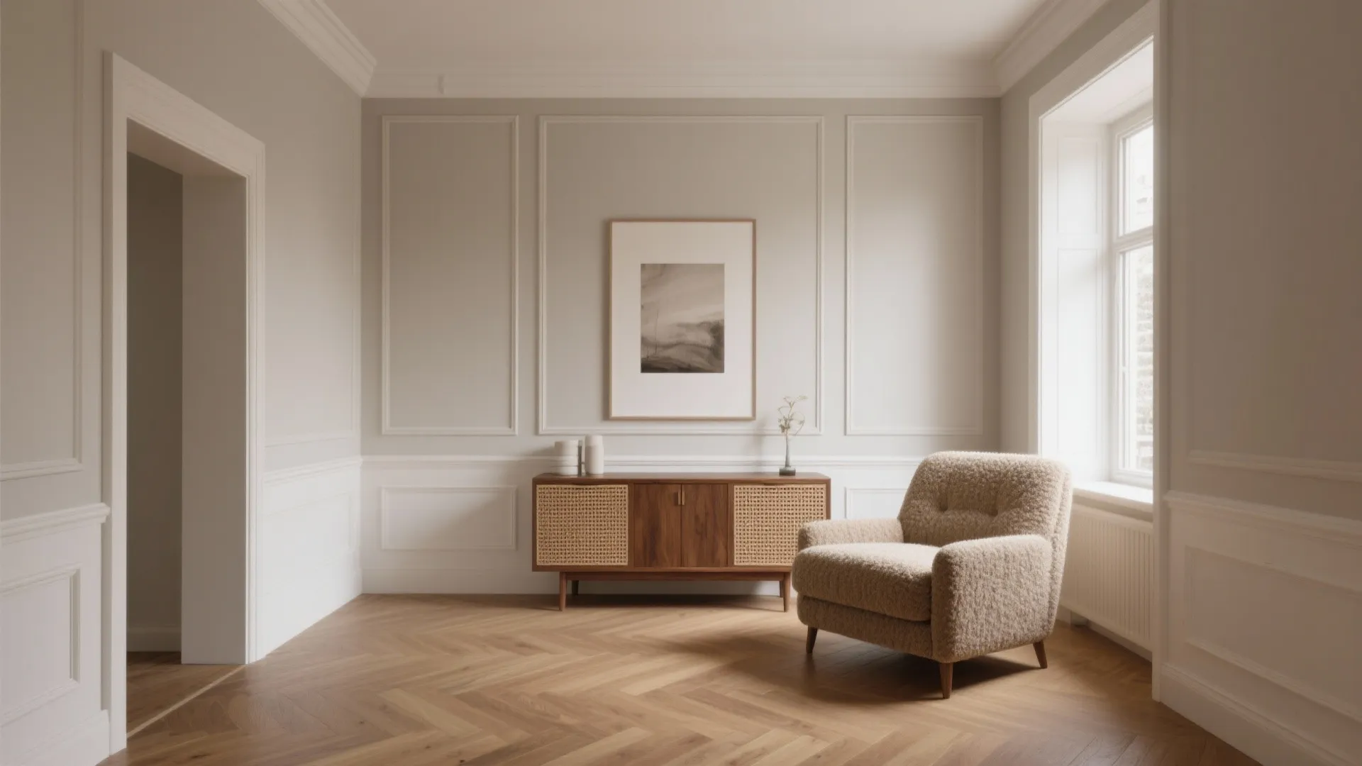 Warm greige, tone-on-tone trim