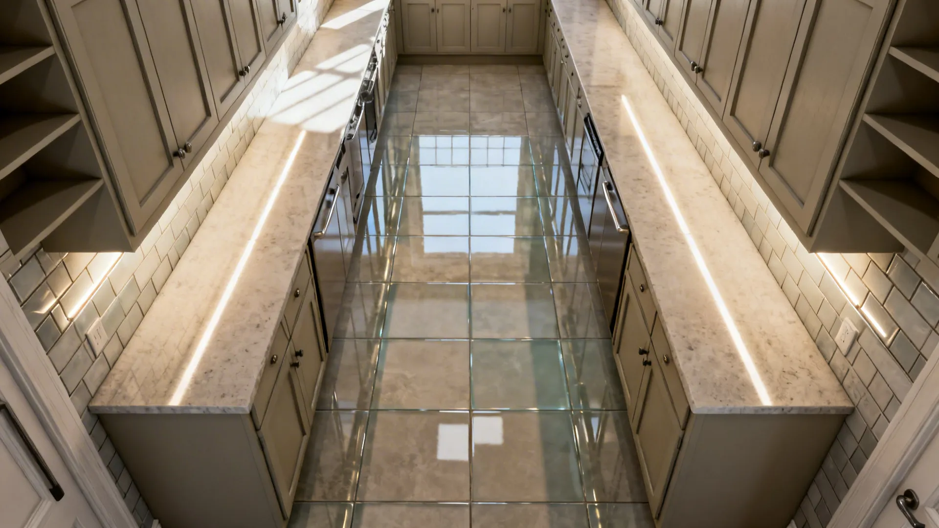 Top view of long kitchen with grey cabinets marble countertops tiled floor and under cabinet lighting