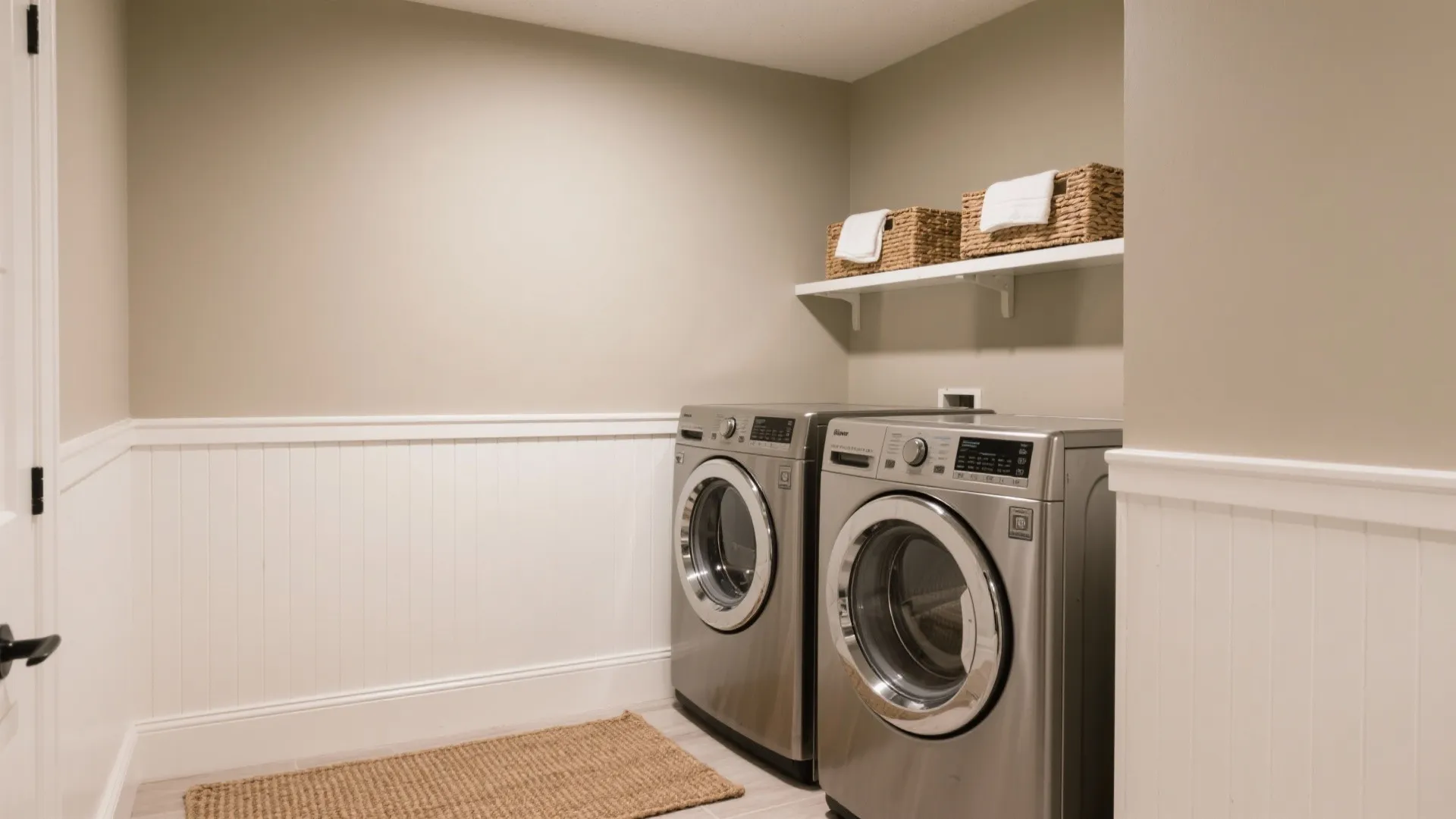 Laundry area with two silver washing machines white wall panel beige walls and white storage shelf