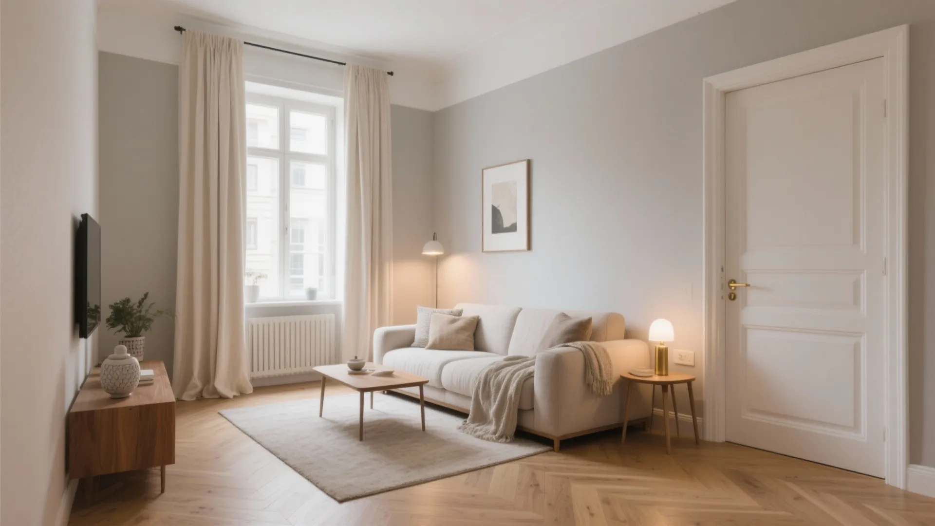 Minimalist living room with white sofa wooden coffee table light grey walls and large white curtains