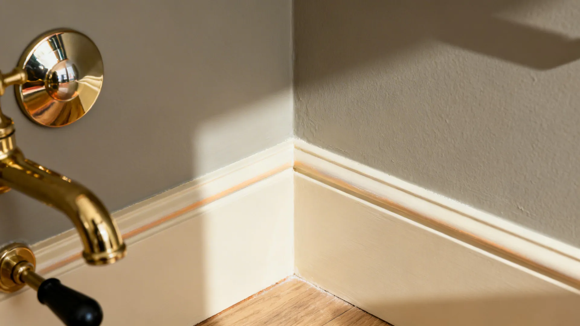 Macro of greige wall and creamy trim with brass and matte black accents in soft daylight.