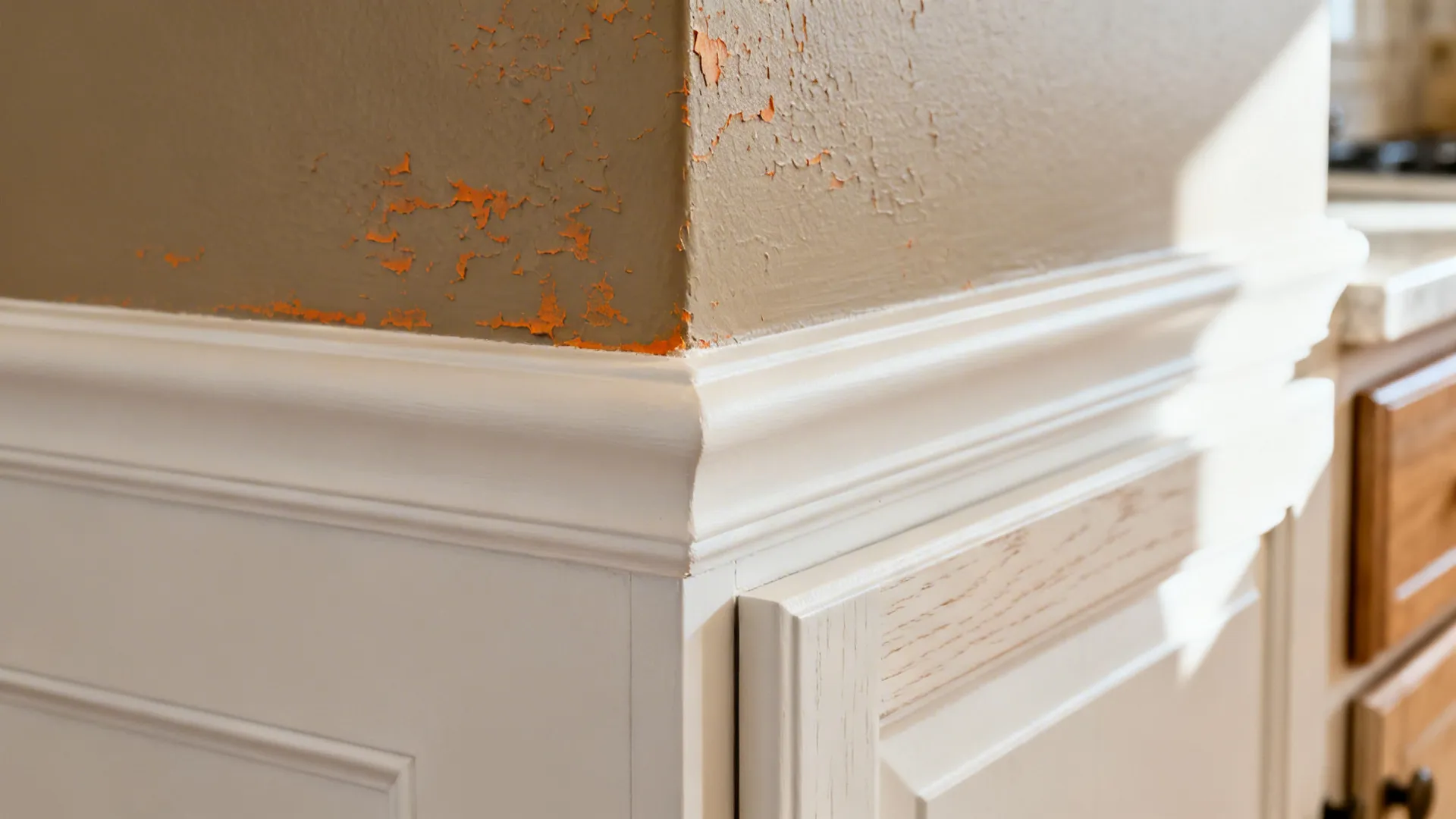 Macro of warm greige wall meeting soft white trim with a crisp painted edge in soft daylight.