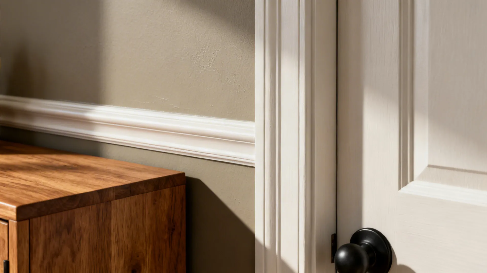 Close-up of greige wall meeting warm white trim with a crisp paint line.