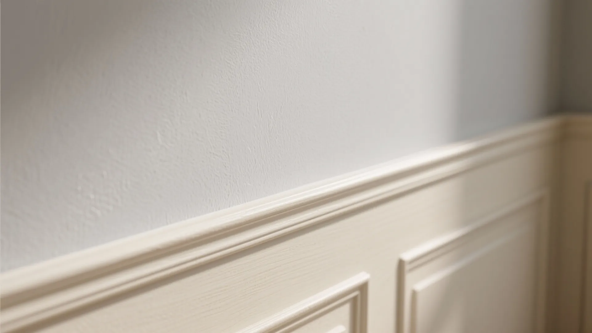 Macro of pale greige wall and lighter trim with subtle sheen contrast in daylight.