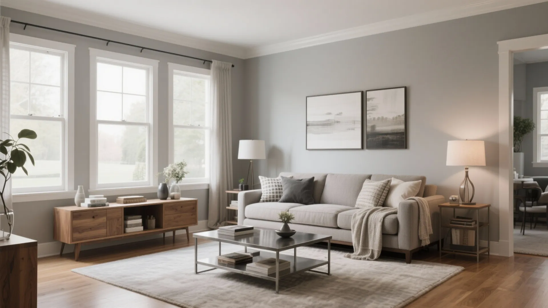 Elegant living room with grey sofa metal coffee table wooden cabinet and three large white windows