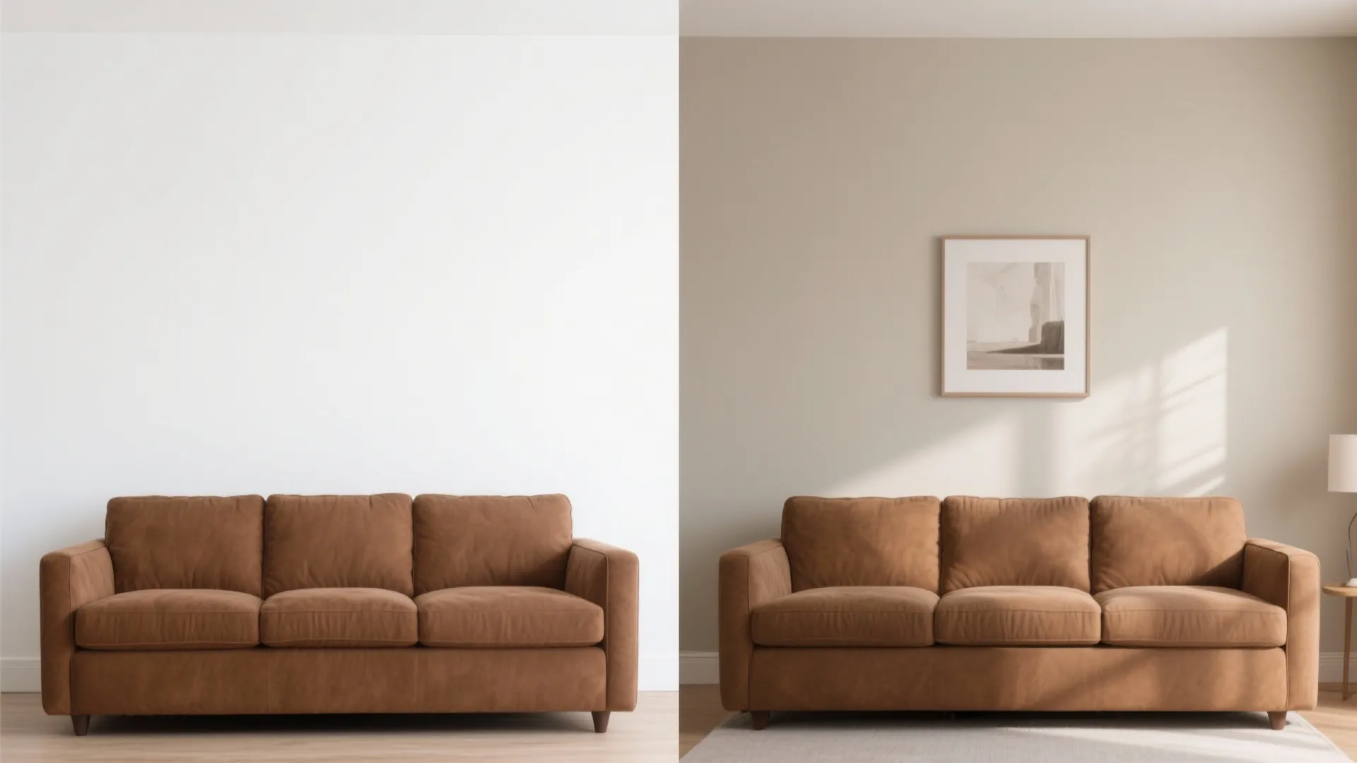 2) Contrast walls: warm white or greige behind the brown couch