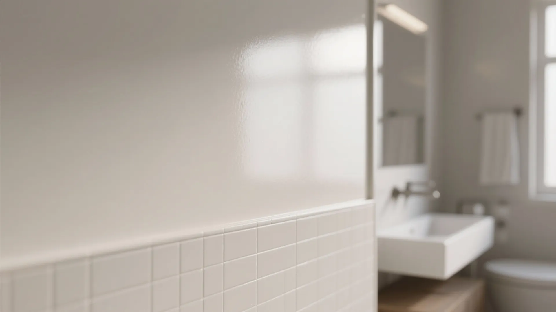 Close up of glossy painted wall above white square tiles in a brightly lit modern bathroom